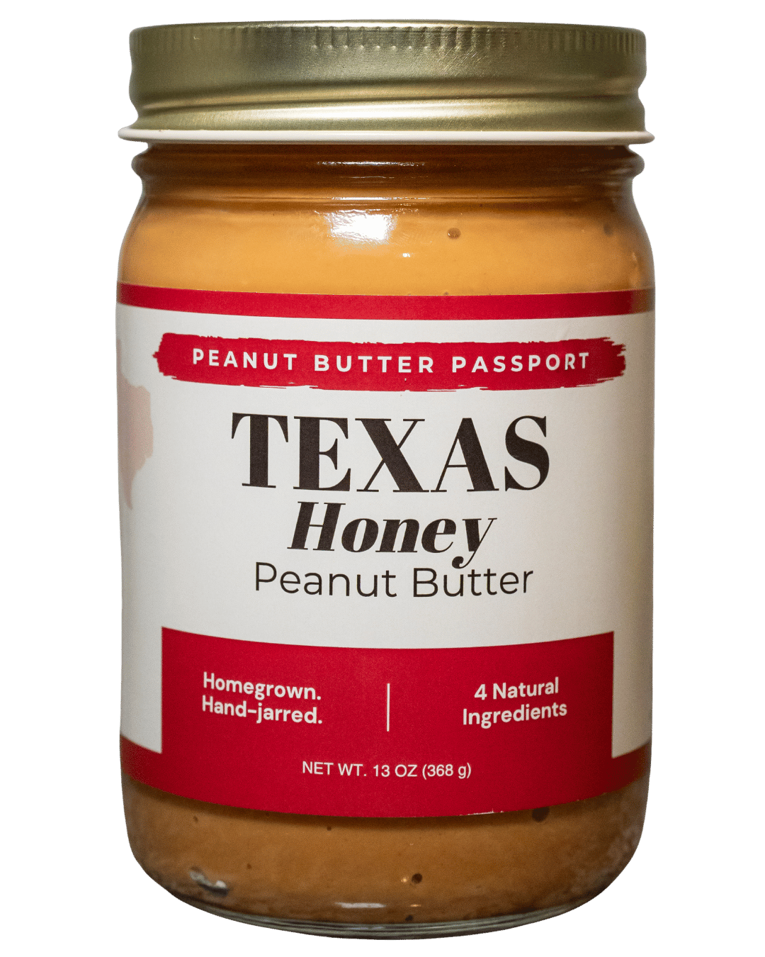 Jar of Texas Honey Peanut Butter with a gold lid on a transparent background