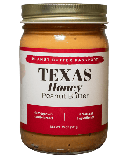 Jar of Texas Honey Peanut Butter with a gold lid on a transparent background